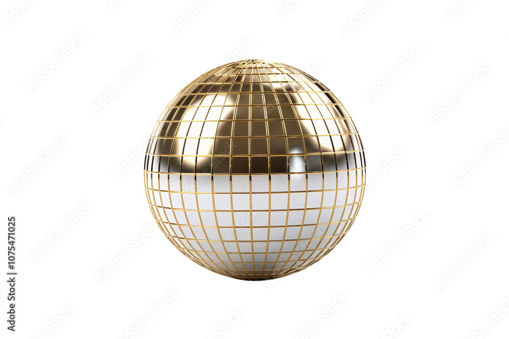 Fototapeta premium Shiny gold disco ball with a reflective surface, perfect for parties, celebrations, and festive scenes. Isolated on a transparent background.