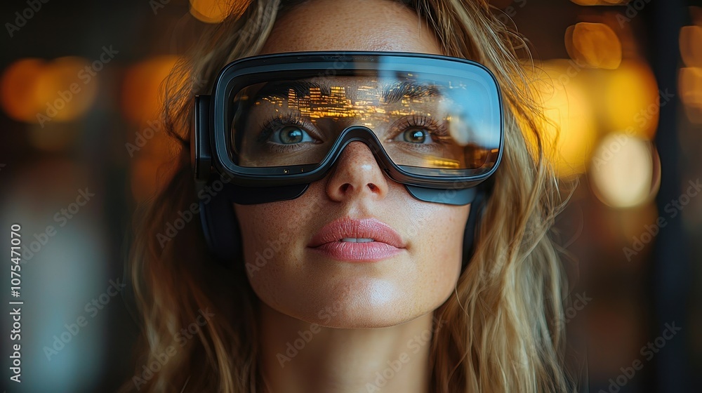 Woman in futuristic goggles looking up, immersed in technology and innovation, with reflections of lights creating an atmospheric and captivating mood Woman in futuristic goggles looking up, immersed in technology and innovation, with reflections of lights creating an atmospheric and captivating mood