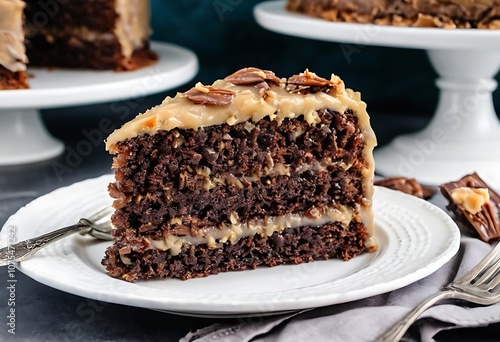 A close-up shot of a single slice of German chocolate cake on a white plate, layered with moist chocolate, coconut, and pecan filling photo