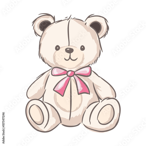 A cute teddy bear with a pink bow sitting against a white background for kids design 