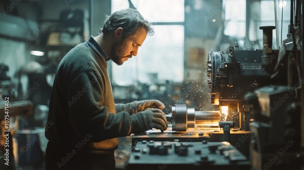 A Man Operating a Metalworking Machine with Sparks Flying A Man Operating a Metalworking Machine with Sparks Flying