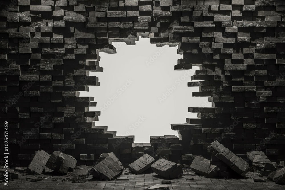 Breaking Through Barriers: A dramatic image of a hole forcefully punched through a dark brick wall, symbolizing overcoming obstacles and achieving breakthrough. Breaking Through Barriers: A dramatic image of a hole forcefully punched through a dark brick wall, symbolizing overcoming obstacles and achieving breakthrough.