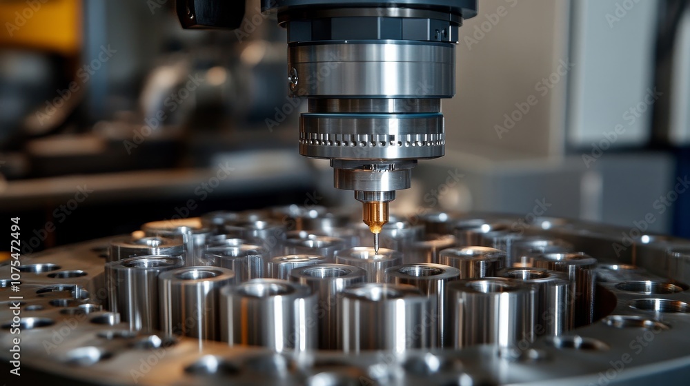 Close-up of a Precision Drilling Machine with a Sharp Drill Bit Poised Above a Metal Plate with Multiple Holes Close-up of a Precision Drilling Machine with a Sharp Drill Bit Poised Above a Metal Plate with Multiple Holes