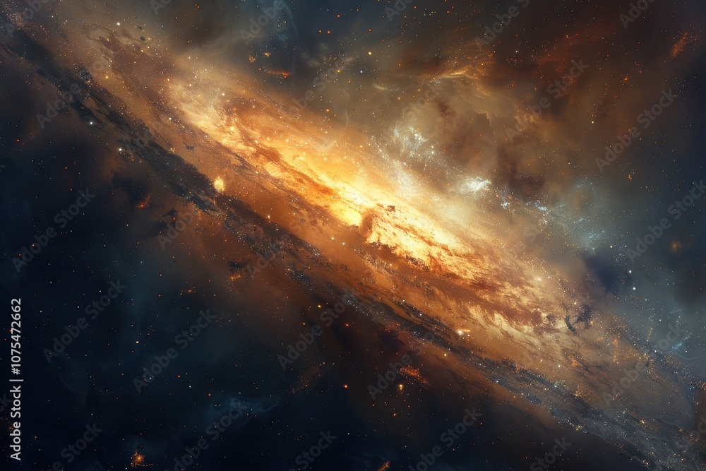 Glowing spiral galaxy with bright center and dark edges in deep space. Glowing spiral galaxy with bright center and dark edges in deep space.