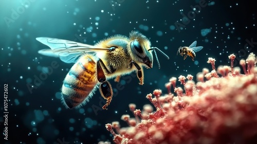 A bee pollinates a flower with a blurred background of a bee flying in the background.