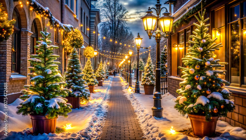 festive street decorated with Christmas trees and string lights, Christmas, New Year