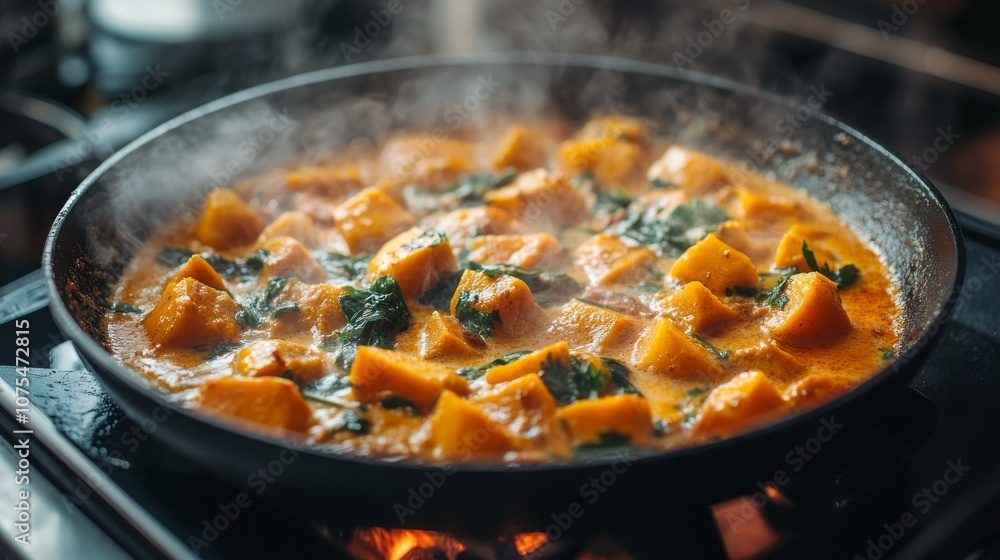 Steaming Pumpkin and Spinach Curry in a Black Skillet Steaming Pumpkin and Spinach Curry in a Black Skillet