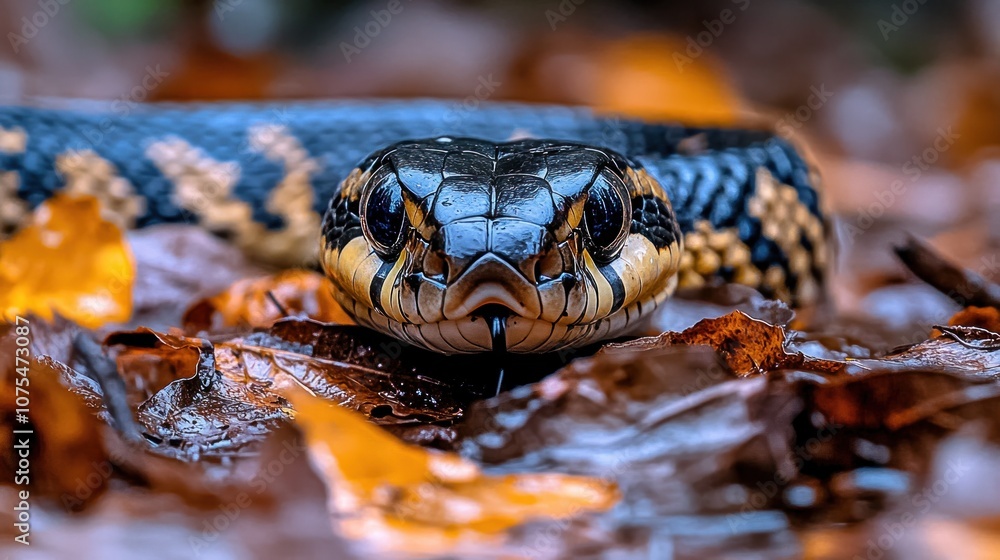 A black snake with yellow stripes looks directly at the camera, its head poking out of a pile of autumn leaves. A black snake with yellow stripes looks directly at the camera, its head poking out of a pile of autumn leaves.