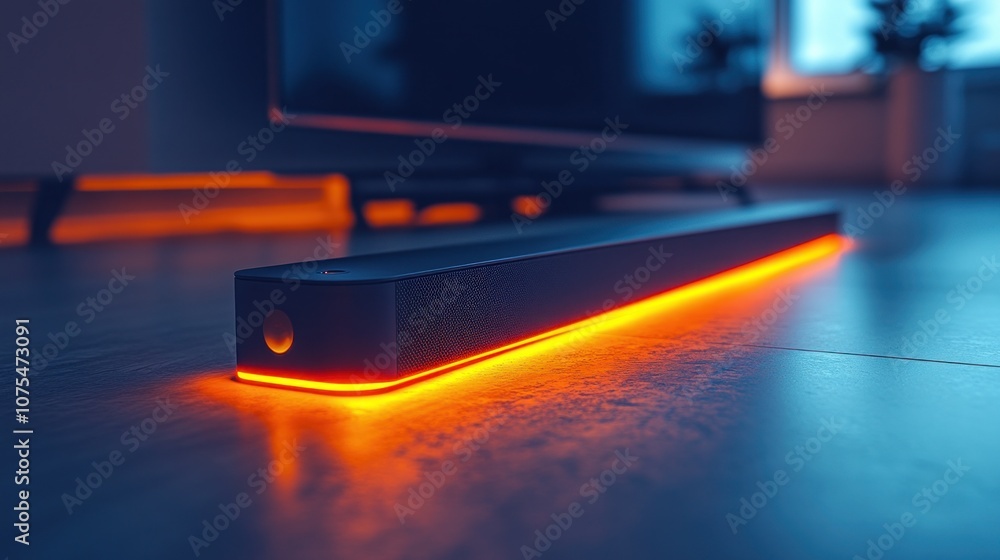 A black soundbar with a glowing orange light under it. A black soundbar with a glowing orange light under it.