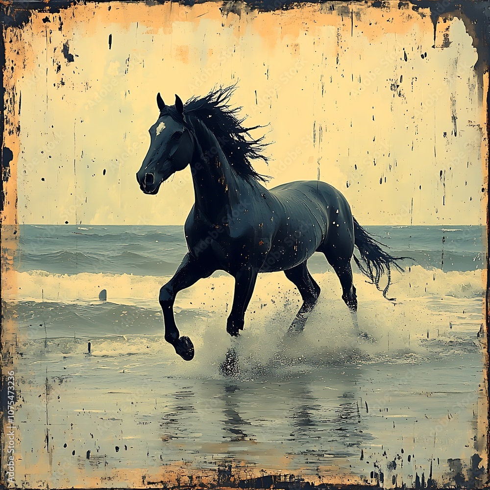 Peaceful beach at sunset with horse silhouette and soft waves picture Peaceful beach at sunset with horse silhouette and soft waves picture