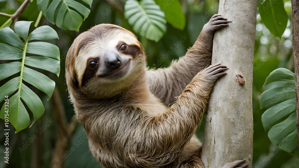 Close up of three-toed sloth climbing on a tree Close up of three-toed sloth climbing on a tree