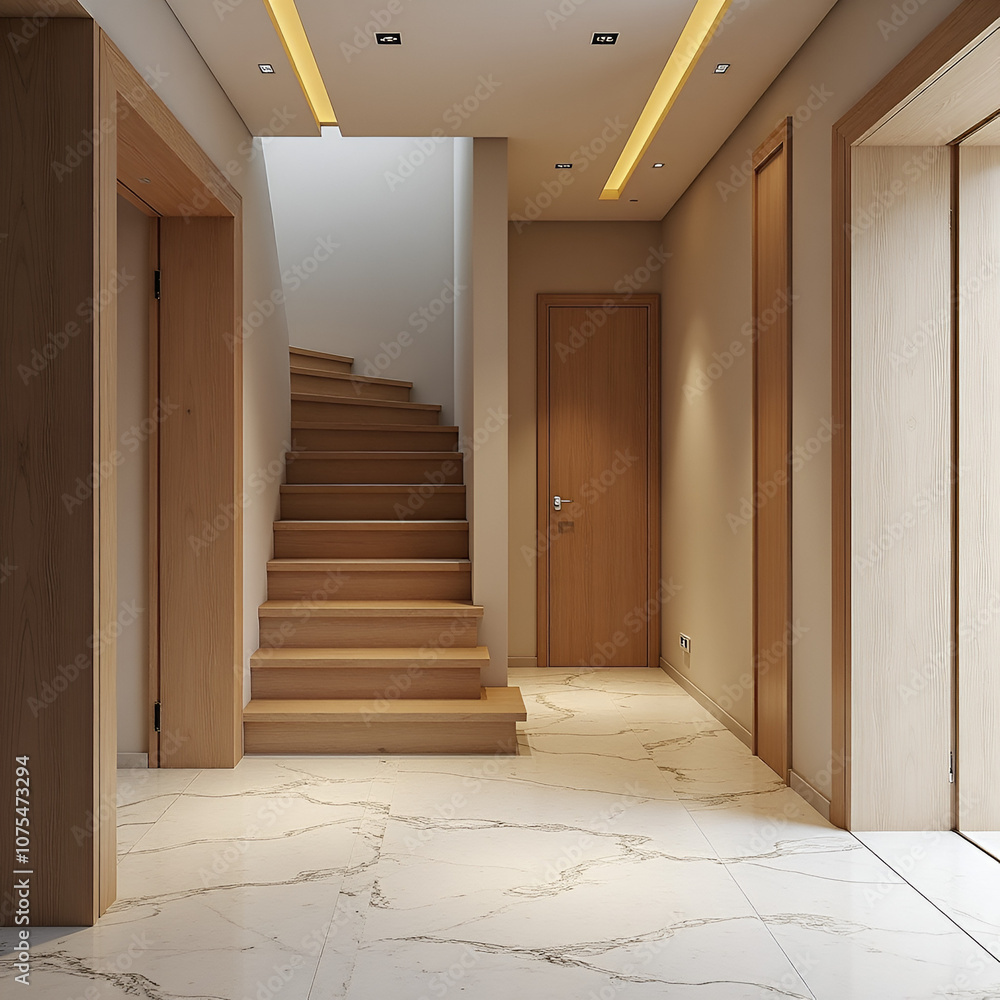 Wooden staircase and marble floor in minimalist interior design of modern entrance hall with door. Wooden staircase and marble floor in minimalist interior design of modern entrance hall with door.