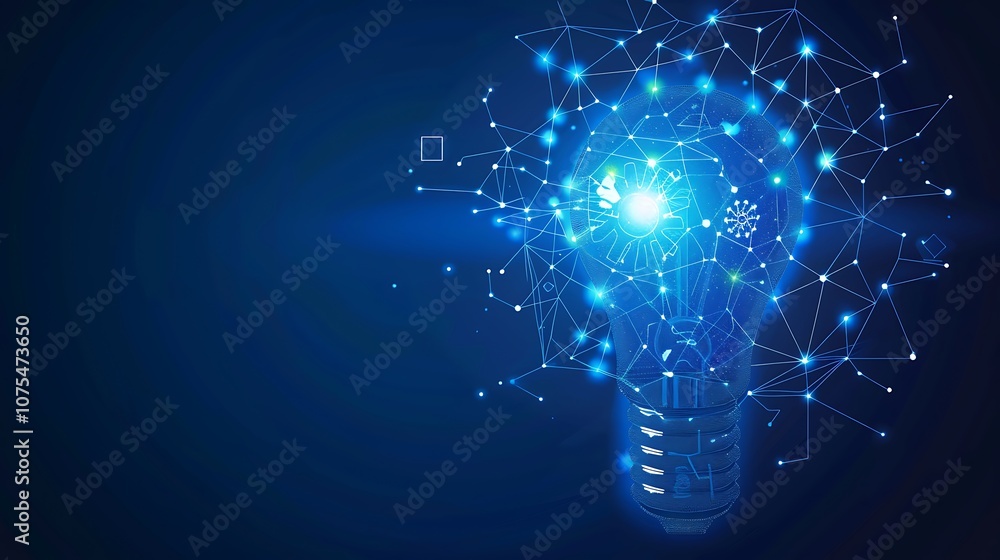 Creative glowing light bulb and gears on dark blue background Creative glowing light bulb and gears on dark blue background