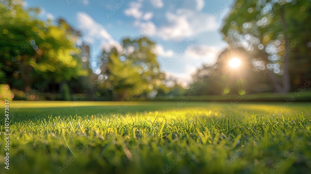 Green grass with blue sky and sun in the park Green grass with blue sky and sun in the park