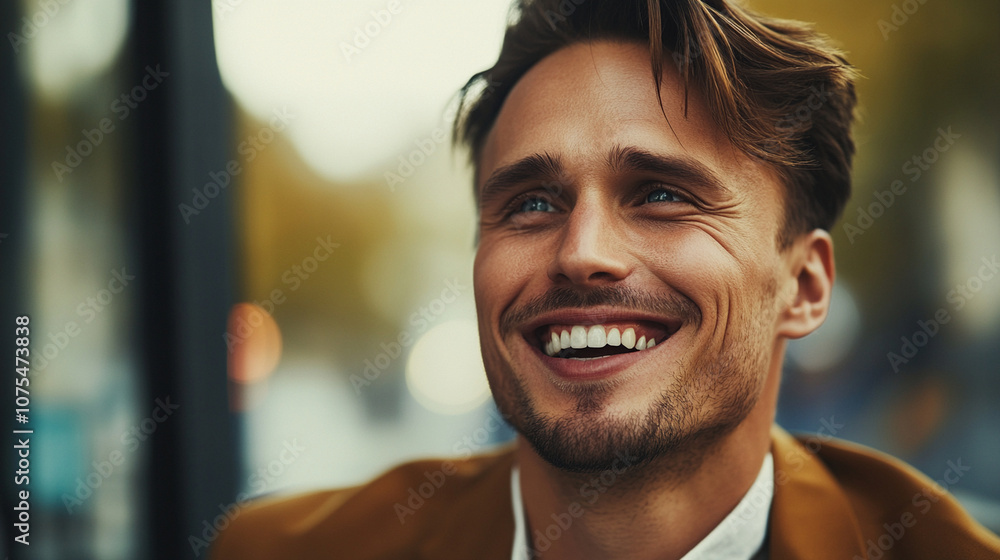 Close-up of a man with a confident expression, his eyes sparkling with laughter, dressed in a relaxed, stylish outfit. Close-up of a man with a confident expression, his eyes sparkling with laughter, dressed in a relaxed, stylish outfit.