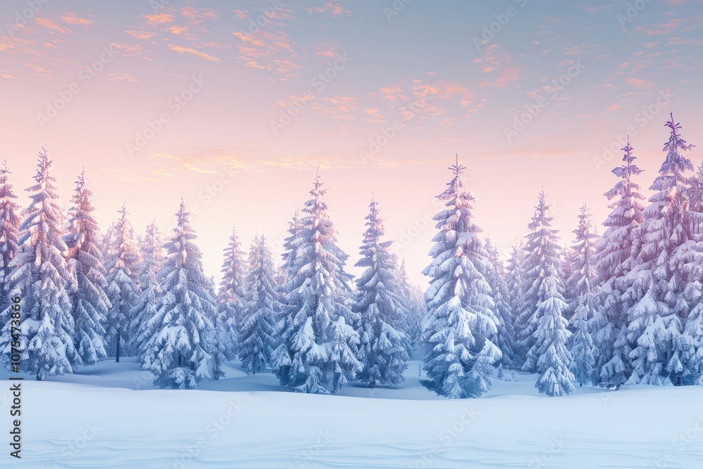 Obraz premium Snow-Covered Pine Trees in a Winter Wonderland at Sunset