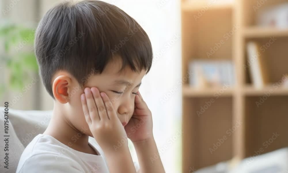 Sad little Asian boy holding his head suffering from migraine. Headache in children. home interior with copy space Sad little Asian boy holding his head suffering from migraine. Headache in children. home interior with copy space