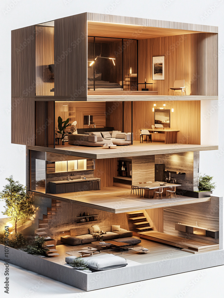 Cross-Section View of Modern Multi-Story House with Three Spacious Rooms, Showcasing Minimalist Interior Design and Open Layouts in a Contemporary Style Cross-Section View of Modern Multi-Story House with Three Spacious Rooms, Showcasing Minimalist Interior Design and Open Layouts in a Contemporary Style