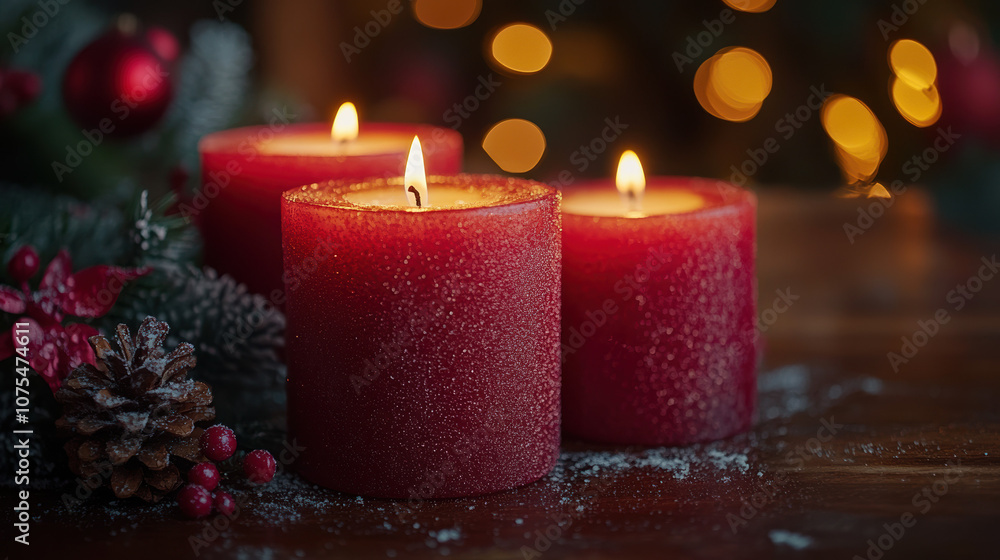 A trio of red candles glowing softly, surrounded by festive decorations, perfect for enhancing the holiday spirit. A trio of red candles glowing softly, surrounded by festive decorations, perfect for enhancing the holiday spirit.