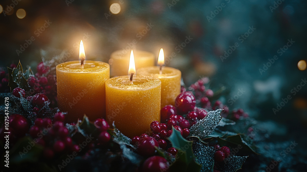 A pair of yellow candles glowing warmly, surrounded by festive decorations, creating a cozy atmosphere for the holiday season. A pair of yellow candles glowing warmly, surrounded by festive decorations, creating a cozy atmosphere for the holiday season.