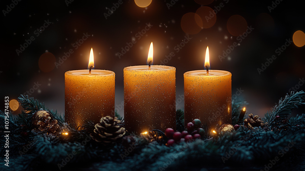 A trio of candles surrounded by festive decorations, creating a cozy and inviting atmosphere perfect for holiday gatherings. A trio of candles surrounded by festive decorations, creating a cozy and inviting atmosphere perfect for holiday gatherings.
