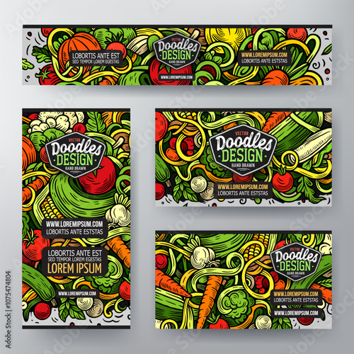 Cartoon vector doodle set of Vegetables corporate identity templates. Colorful funny banners, id cards, flayer 