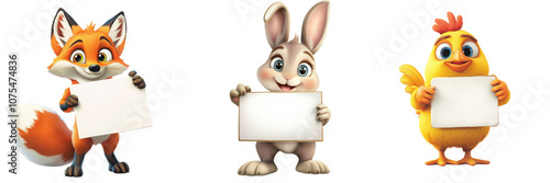 Set of cute cartoon holding a blank sign isolated on transparent background