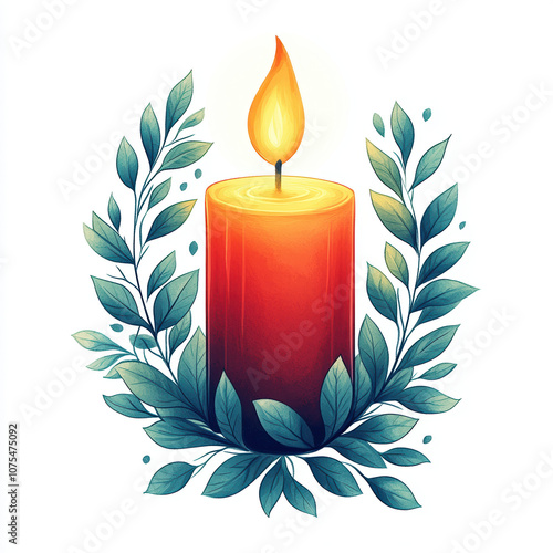 A beautifully illustrated red candle surrounded by green leaves, perfect for adding a festive touch to holiday decor.