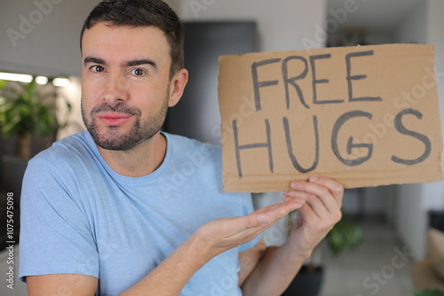 Bild auf Leinwand Cute man offering free hugs