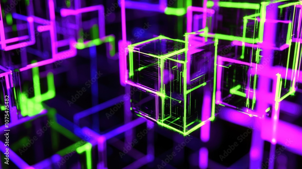 Vibrant Neon Geometric Shapes: Futuristic 3D Abstract Design in Glowing Pink and Green Vibrant Neon Geometric Shapes: Futuristic 3D Abstract Design in Glowing Pink and Green