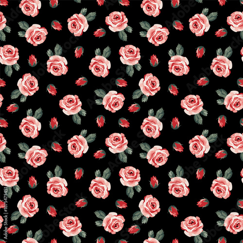 Colorful floral seamless pattern featuring pink roses and red buds on a black background ideal for fabric design