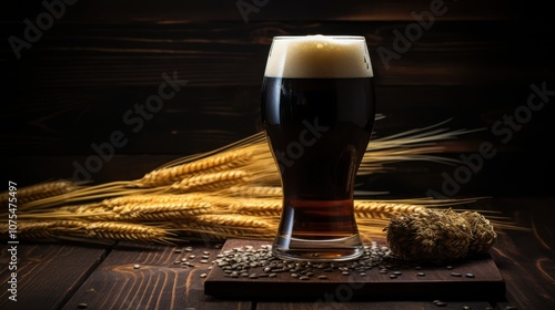 A glass of dark beer sits against a rustic wooden backdrop, accompanied by wheat and hops, hinting at the craft and tradition of brewing.