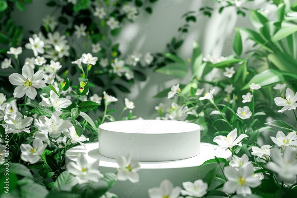 Cylinder podium for product placement surrounded by different flowers. Neural network ai generated art Cylinder podium for product placement surrounded by different flowers. Neural network ai generated art