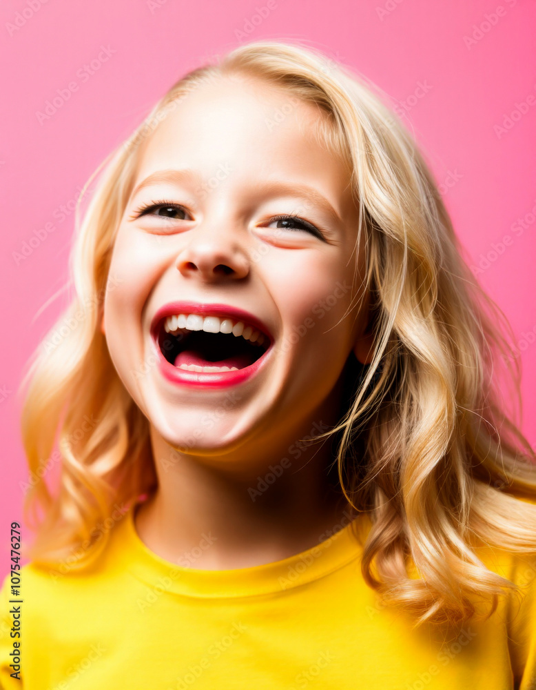 Blonde girl rejoices on a pink background, Portrait of funny positive cheerful blonde little girl holding paper bow above her head Blonde girl rejoices on a pink background, Portrait of funny positive cheerful blonde little girl holding paper bow above her head
