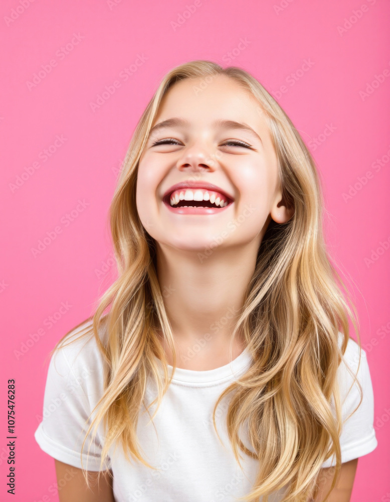 Blonde girl rejoices on a pink background, Portrait of funny positive cheerful blonde little girl holding paper bow above her head Blonde girl rejoices on a pink background, Portrait of funny positive cheerful blonde little girl holding paper bow above her head