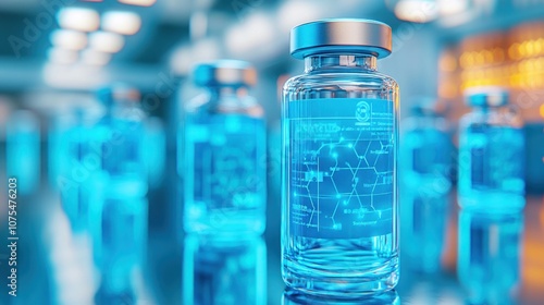 A close-up of a glass vial with a blue liquid inside, with a digital display showing a network of dots.