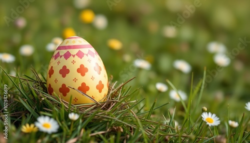 A whimsical, vibrant Easter egg nestled in a lush, sun-drenched meadow, surrounded by wildflowers photo