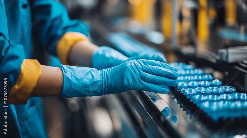 Gloved Hand Inspecting Blue Bottles on a Conveyor Belt Gloved Hand Inspecting Blue Bottles on a Conveyor Belt