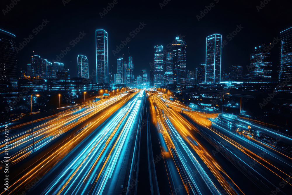 Urban skyline and bustling streets below Urban skyline and bustling streets below