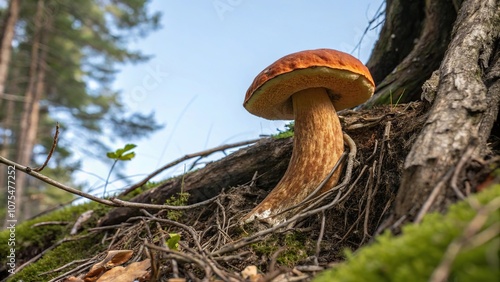 Boletus aurantiacus growing on tree roots, bolete, mushroom, mycelium photo