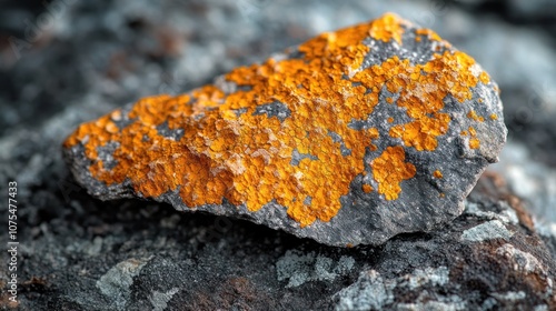 A close-up of a gray rock covered in orange lichen. photo