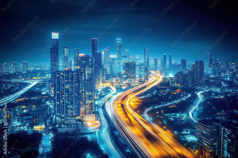 Nighttime view of skyscrapers and traffic Nighttime view of skyscrapers and traffic