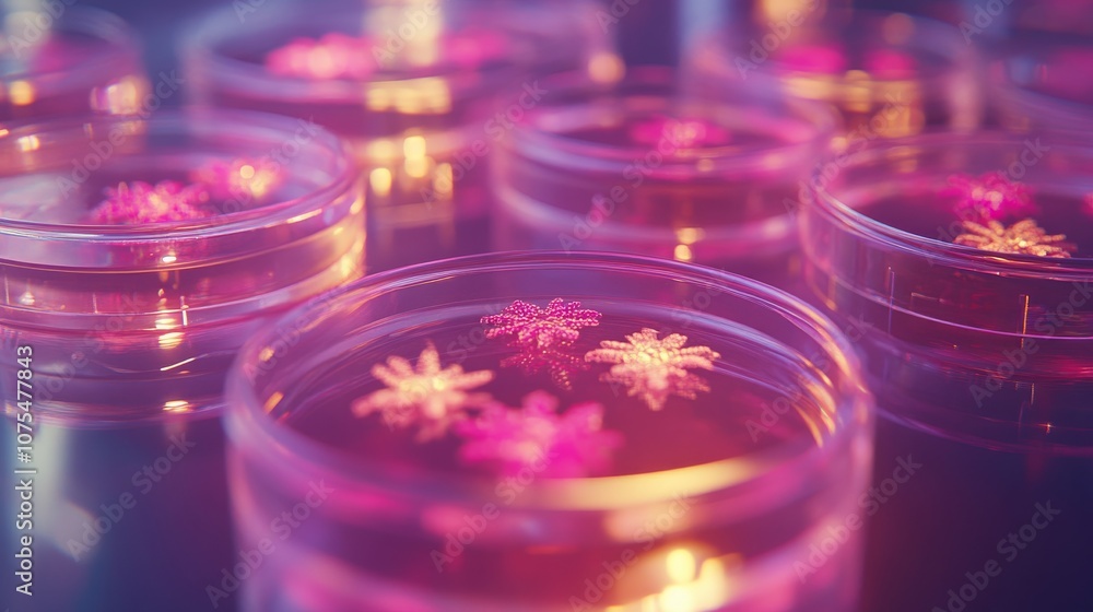 Pink Star-Shaped Objects In Glass Petri Dishes Pink Star-Shaped Objects In Glass Petri Dishes