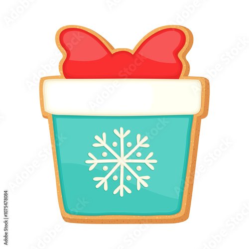 Christmas sugar cookie gingerbread gift box. Cute cartoon vector illustration of single shortbread iced biscuit. Xmas object gingerbread cookie icon. Winter design element holiday sweet bakery.