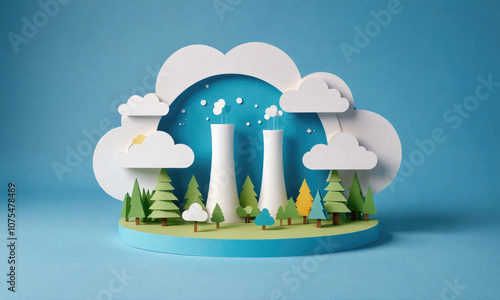 A papercraft depiction of a forest with two tall smokestacks emitting smoke against a blue sky