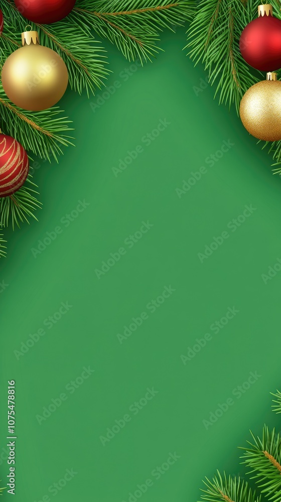 Naklejka premium A festive arrangement of golden and red ornaments on a Christmas tree set against a vibrant green background, perfect for holiday greetings