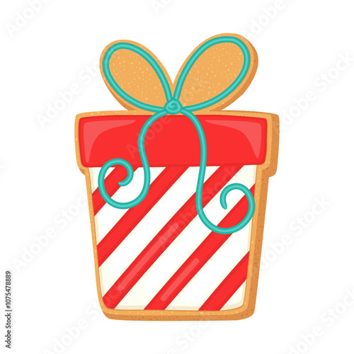 Christmas gingerbread gift box sugar cookie. Cute cartoon shortbread vector illustration of single glazed biscuit. Xmas object gingerbread cookie icon. Winter design element holiday sweet bakery.
