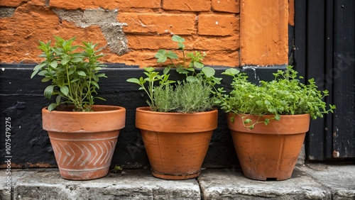 Set of three terracotta pots filled with different types of herbs placed on a rustic orange and black wall, herbs, earthy, rustic