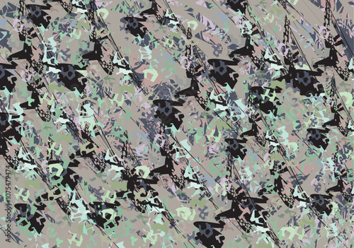 Camouflage backdrop with chaotic colored splashes for textiles or prints on T-shirts. Dynamic ornamental motifs for fashion trends, business concepts, covers, scrapbooking or interior solutions, tiles