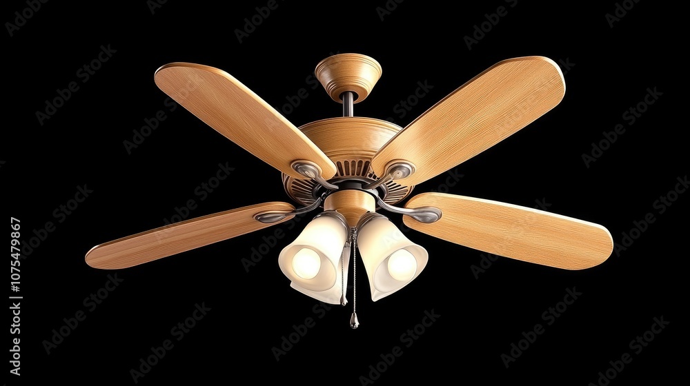 Elegant light wood ceiling fan with three lights enhancing a bright and airy white room in New Hampshire Elegant light wood ceiling fan with three lights enhancing a bright and airy white room in New Hampshire